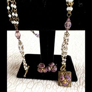 Sweet Romance Locket Pansy Necklace and Earrings